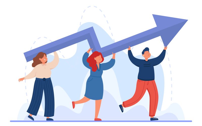 Tiny professional business people carrying upward arrow. Office persons with career progress or growth flat vector illustration. Success, teamwork, development concept for banner or landing web page